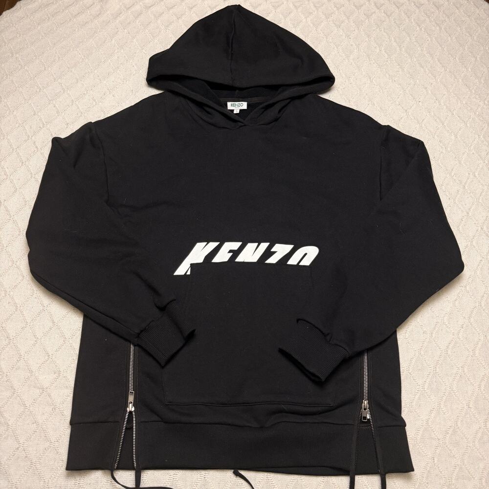 KENZO Paris Black Cotton Hoodie Logo Drawstring Pullover Men's Size Large